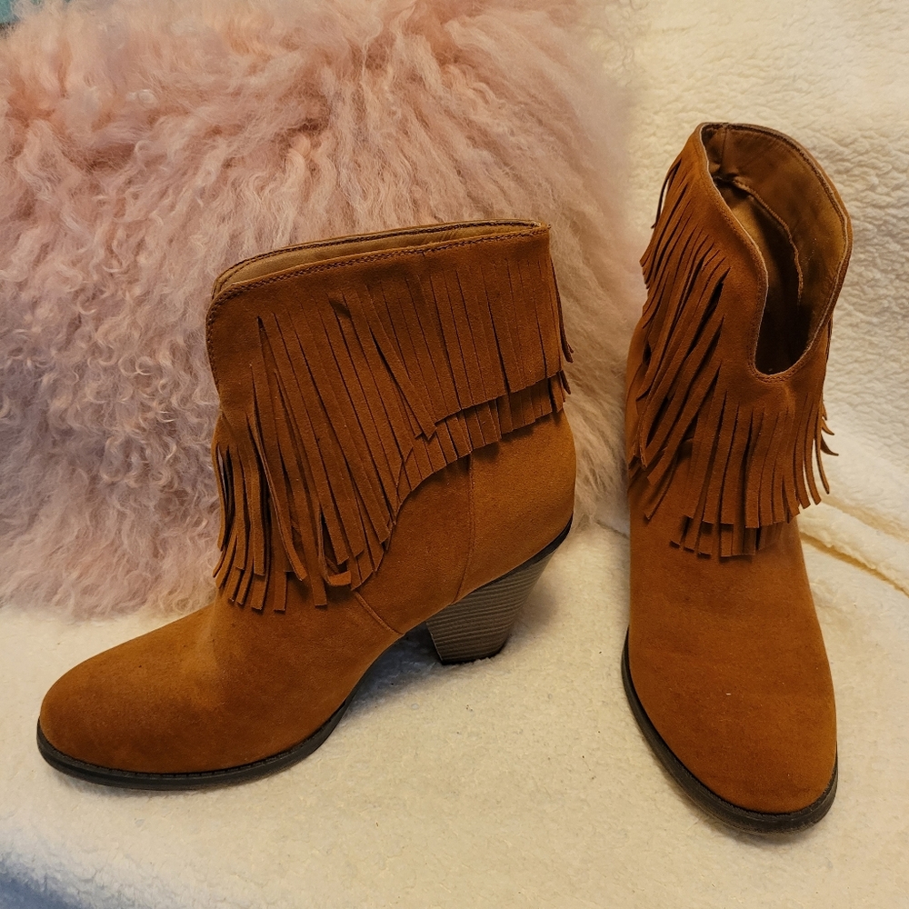 Nature Breeze Cognac Faux Suede Western Boots with Fringe